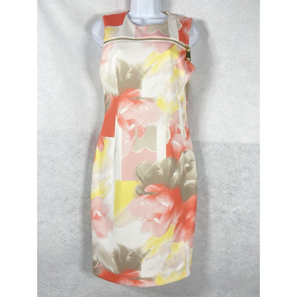 Calvin Klein Dress Women's 4 Coral Yellow Sheath Scuba Sleeveless Preppy Career